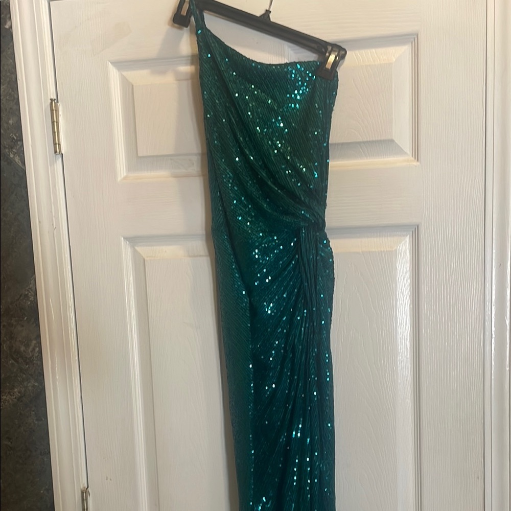 Teal Sequin One-Shoulder Gown
